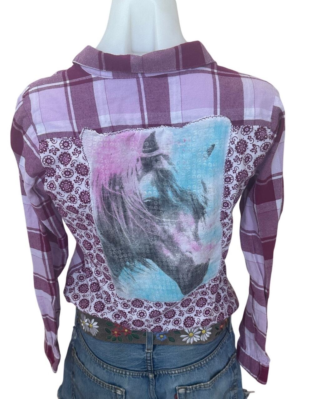 Horse Girl Pink Purple Plaid Flannel Shirt Kids SIZE 14 Unique Western Cowgirl